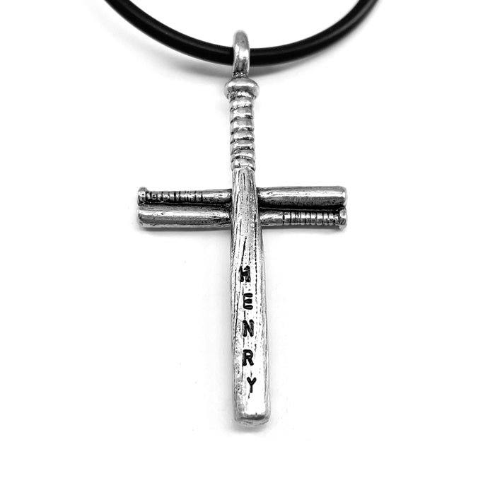 Baseball Softball Personalized Bat Cross Necklace On Black Rubber –  Forgiven Jewelry